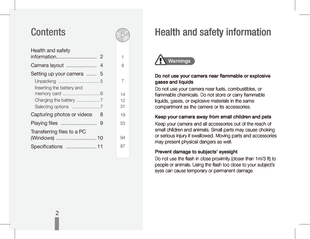 Samsung ST50 quick start manual Contents, Health and safety information, Transferring files to a PC, Warnings 