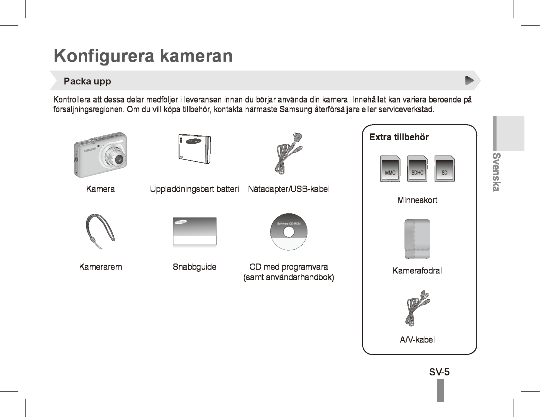 Samsung ST50 quick start manual Konfigurera kameran, SV-5, Packa upp, Extra tillbehör, Svenska 