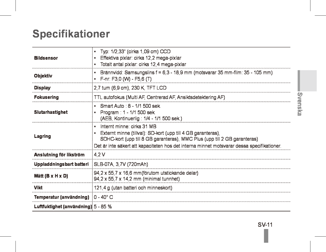 Samsung ST50 quick start manual Specifikationer, SV-11, Svenska 