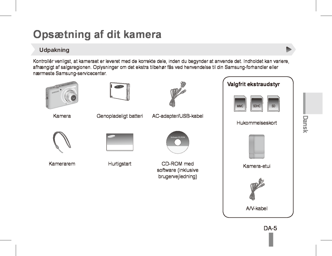 Samsung ST50 quick start manual Opsætning af dit kamera, DA-5, Udpakning, Valgfrit ekstraudstyr, Dansk 