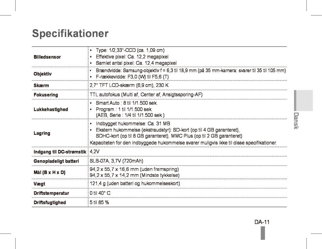 Samsung ST50 quick start manual DA-11, Specifikationer, Dansk 