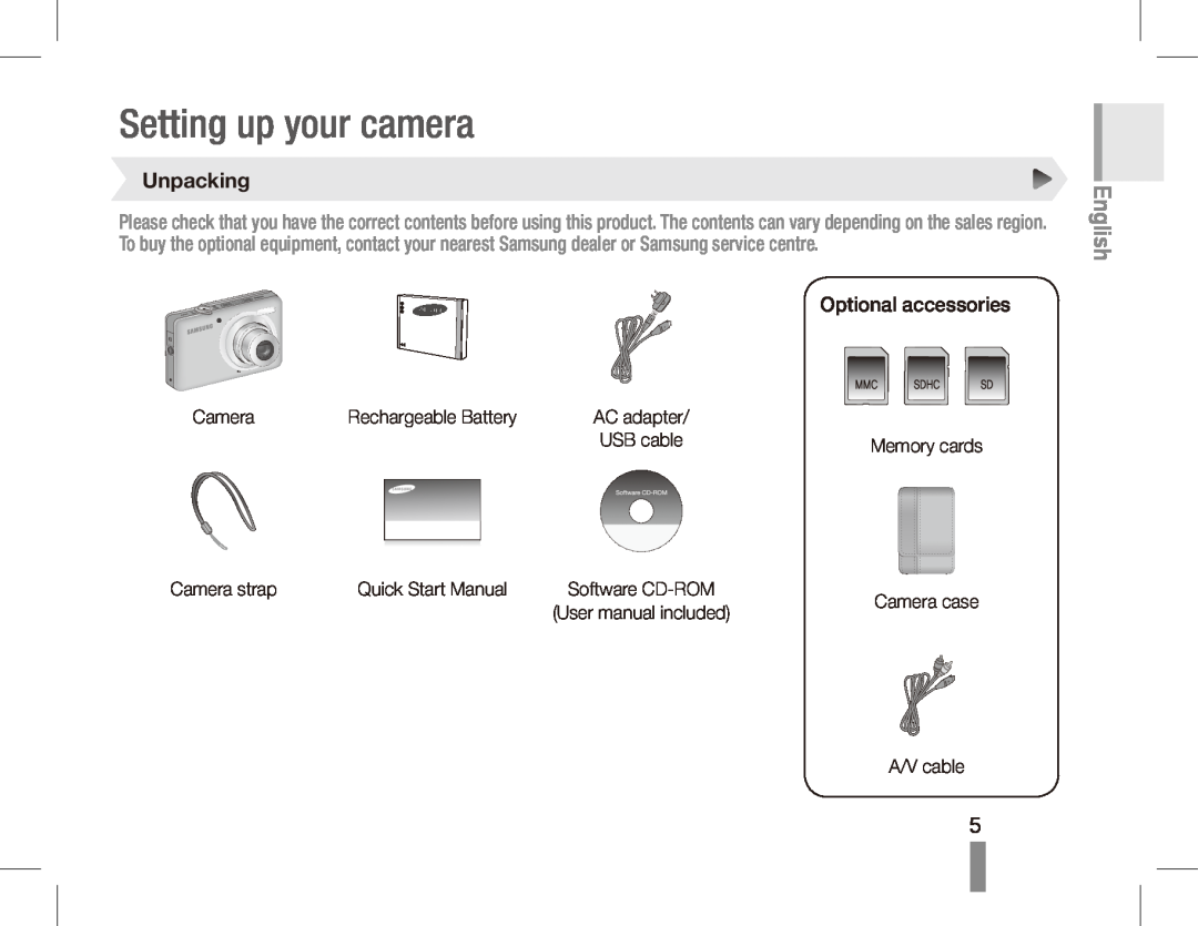 Samsung ST50 quick start manual Setting up your camera, Unpacking, Optional accessories, English 