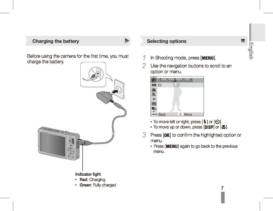 Samsung ST50 Charging the battery, Selecting options, In Shooting mode, press, option or menu, Press, English, Back, Move 