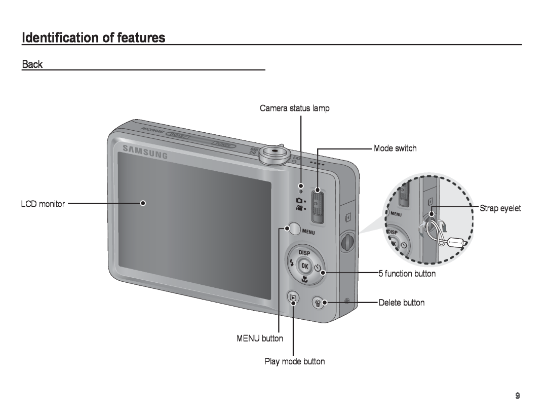 Samsung ST50 user manual Back, Identiﬁcation of features, Camera status lamp Mode switch, LCD monitor, Play mode button 