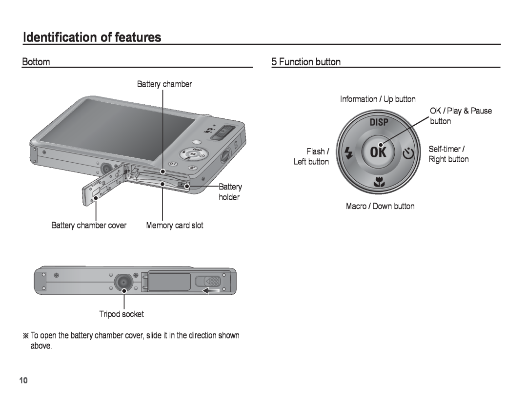 Samsung ST50 user manual Bottom, Function button, Identiﬁcation of features 