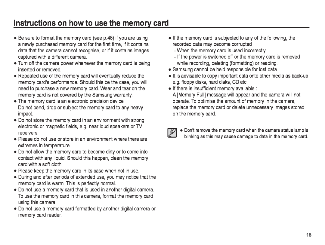 Samsung ST50 user manual Instructions on how to use the memory card 