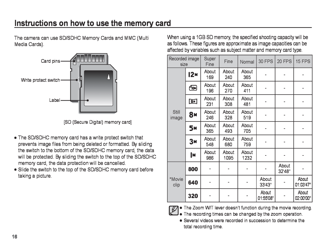 Samsung ST50 user manual Instructions on how to use the memory card, Card pins Write protect switch Label 