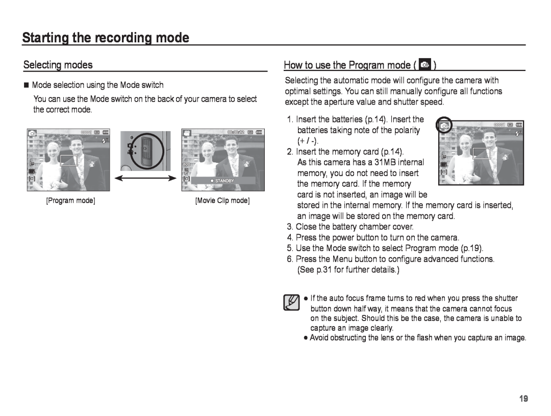 Samsung ST50 user manual Starting the recording mode, Selecting modes, How to use the Program mode 