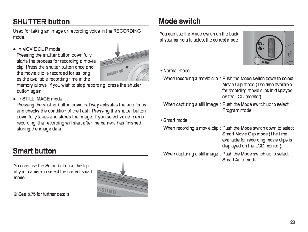 Samsung ST50 user manual SHUTTER button, Smart button, Mode switch 