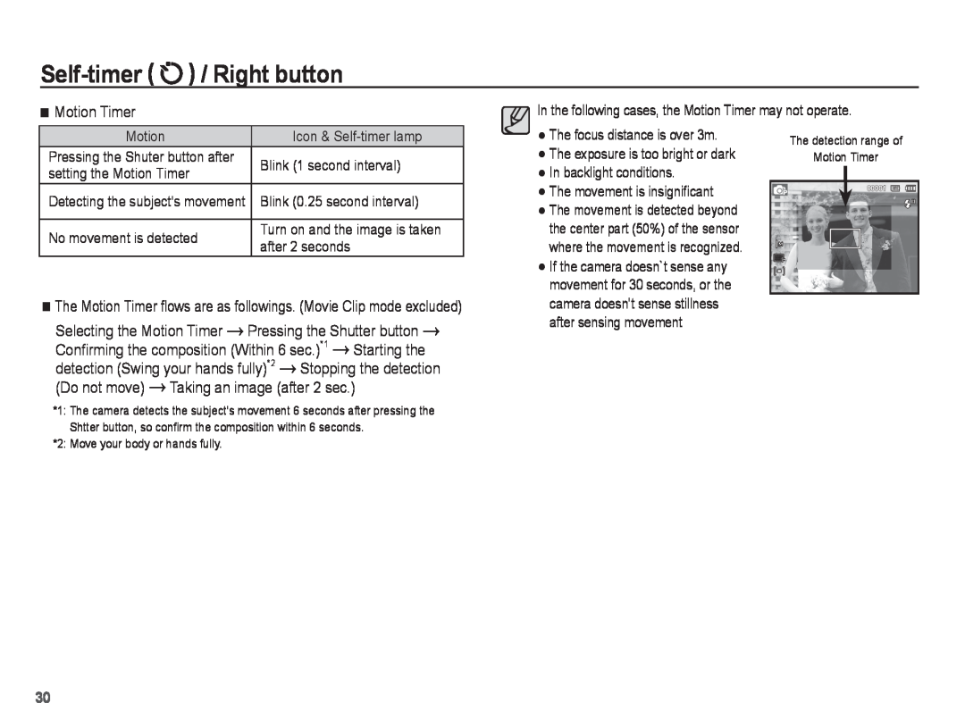 Samsung ST50 user manual Self-timer / Right button, Motion Timer, Starting the, Do not move, Taking an image after 2 sec 