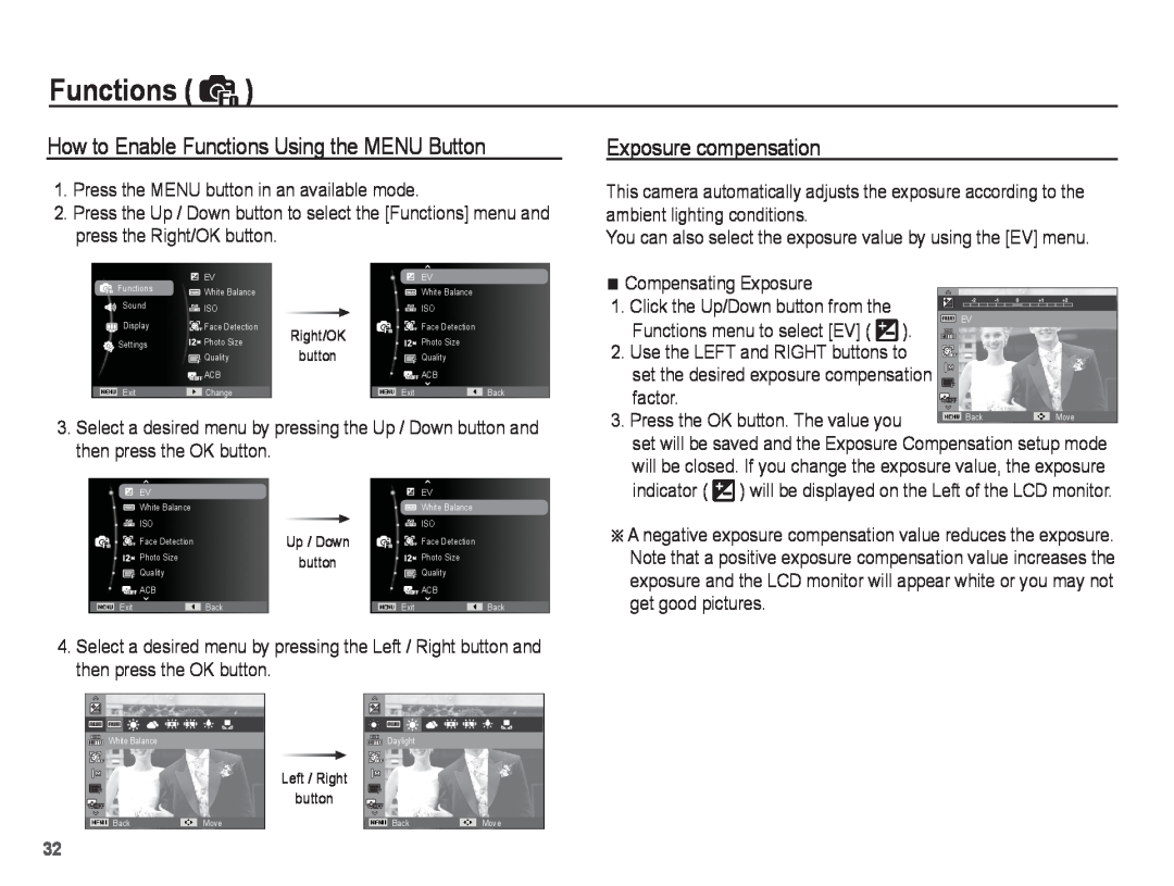 Samsung ST50 user manual How to Enable Functions Using the MENU Button, Exposure compensation 