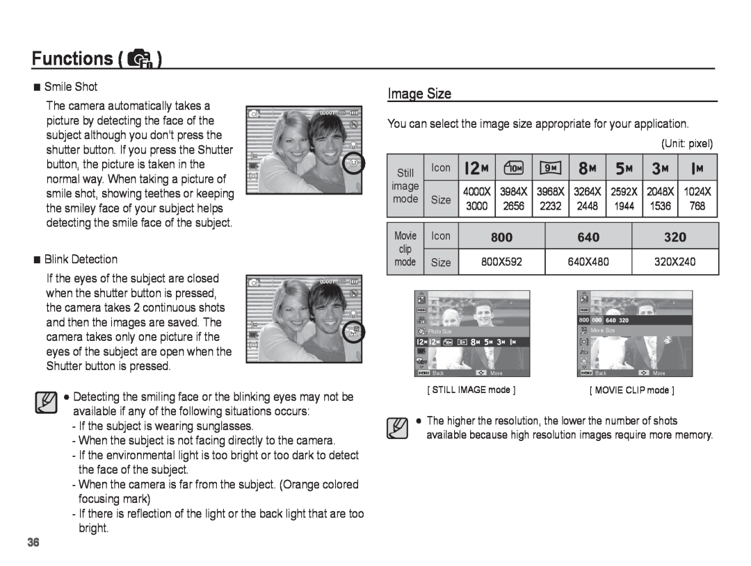 Samsung ST50 user manual Image Size, Functions 