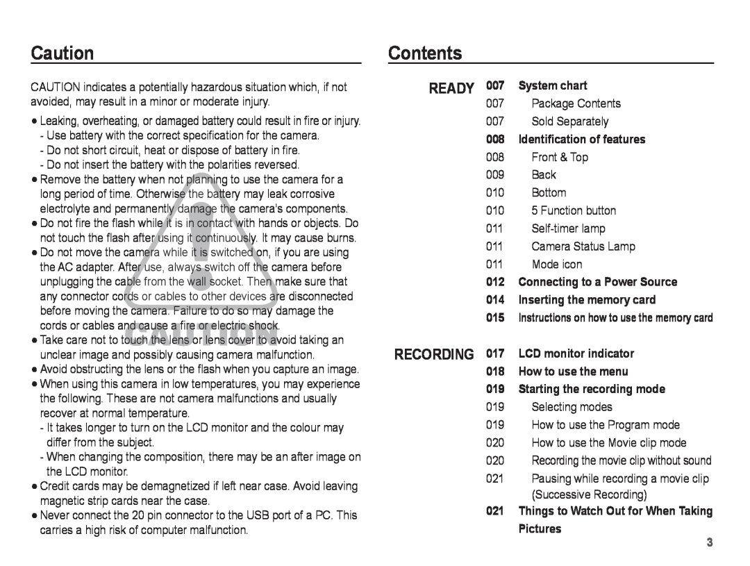 Samsung ST50 user manual Contents, Ready Recording 