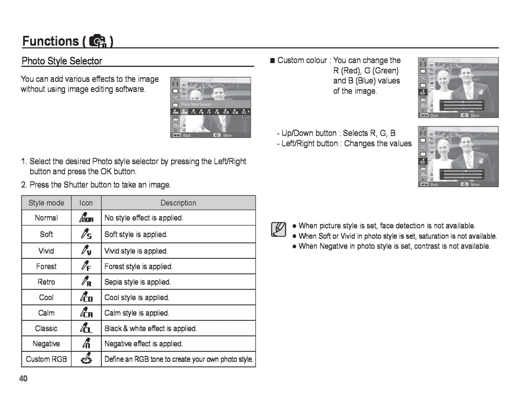 Samsung ST50 Photo Style Selector, Functions, Press the Shutter button to take an image, Up/Down button : Selects R, G, B 
