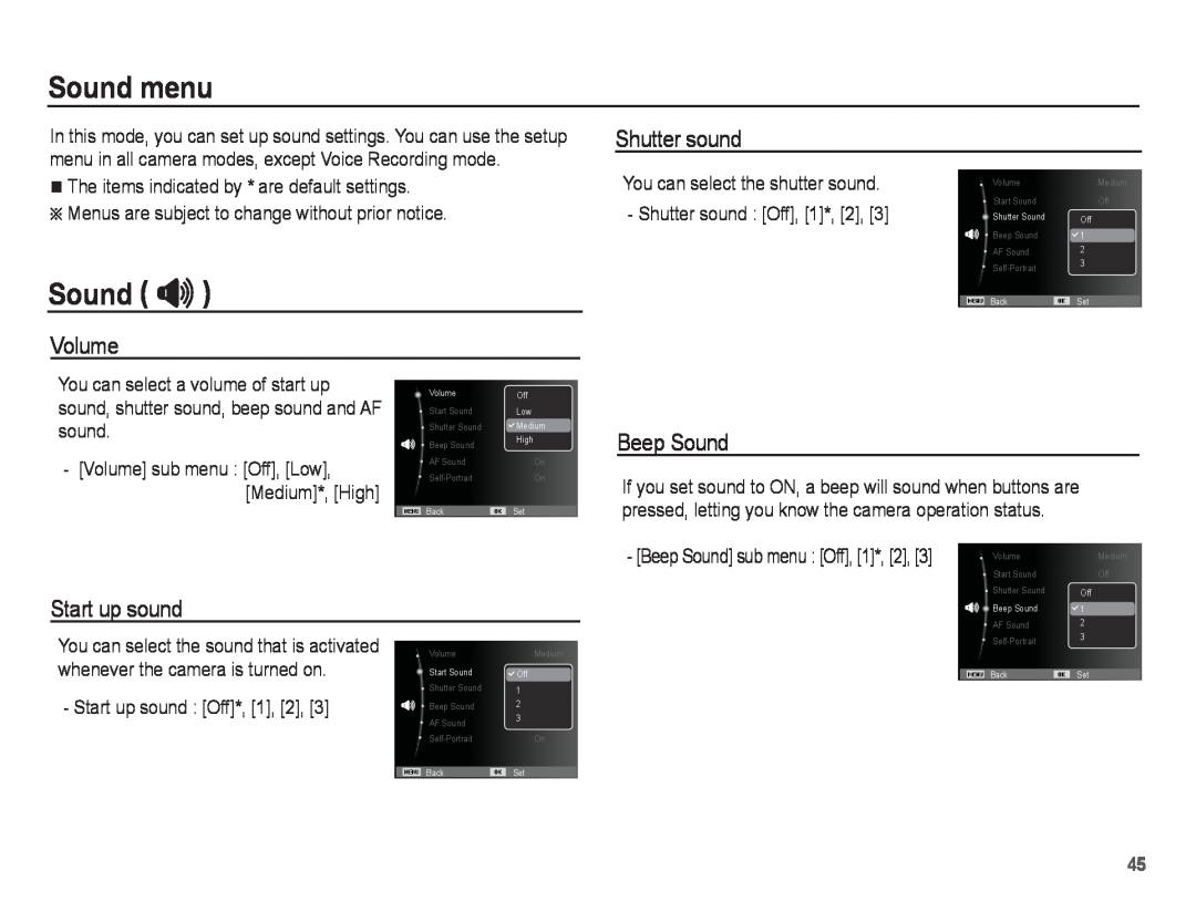 Samsung ST50 user manual Sound menu, Sound , Volume, Shutter sound, Beep Sound, Start up sound 