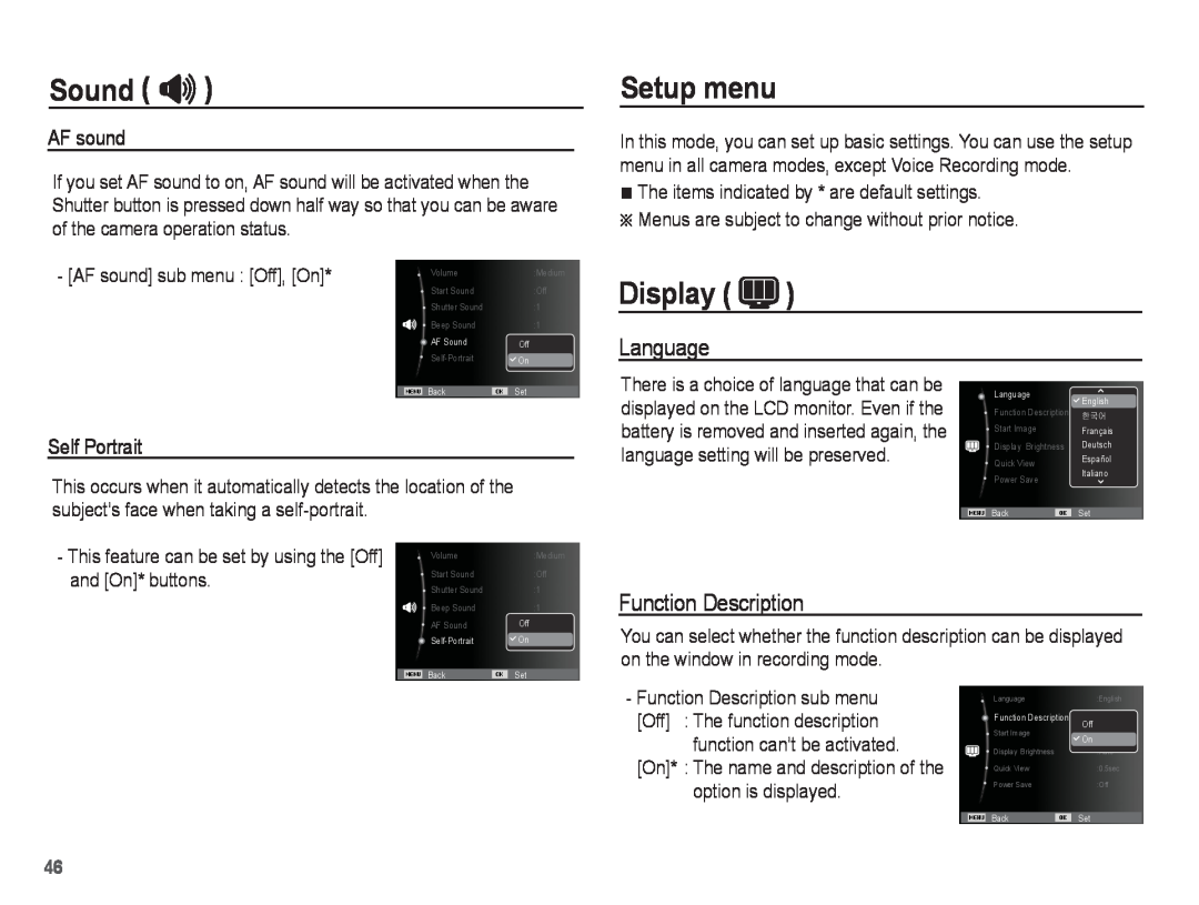 Samsung ST50 user manual Setup menu, Display, Language, Function Description, AF sound, Self Portrait, Sound  