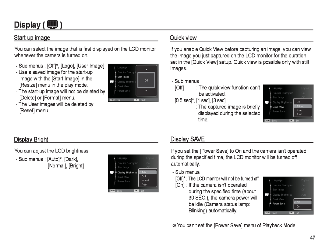 Samsung ST50 user manual Start up image, Quick view, Display Bright, Display SAVE 
