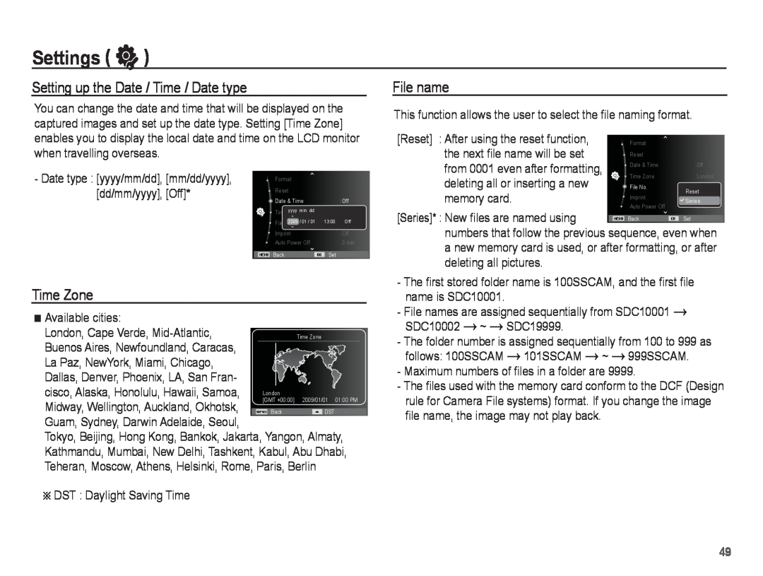 Samsung ST50 user manual Setting up the Date / Time / Date type, File name, Time Zone, Settings ” 