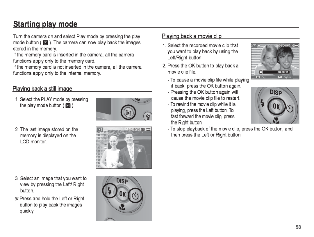 Samsung ST50 user manual Starting play mode, Playing back a still image, Playing back a movie clip 