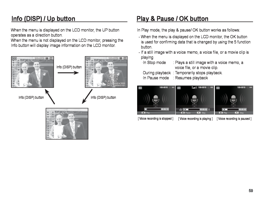 Samsung ST50 user manual Play & Pause / OK button, Info DISP / Up button 