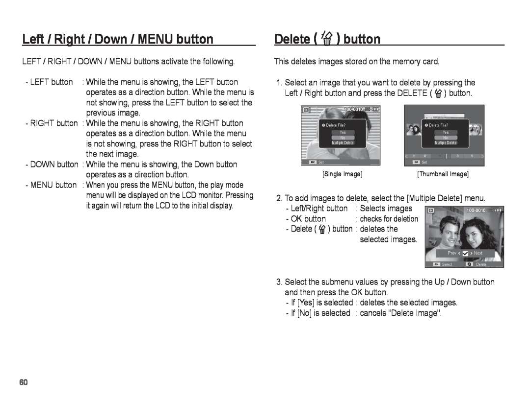 Samsung ST50 user manual Left / Right / Down / MENU button, Delete Õ button 