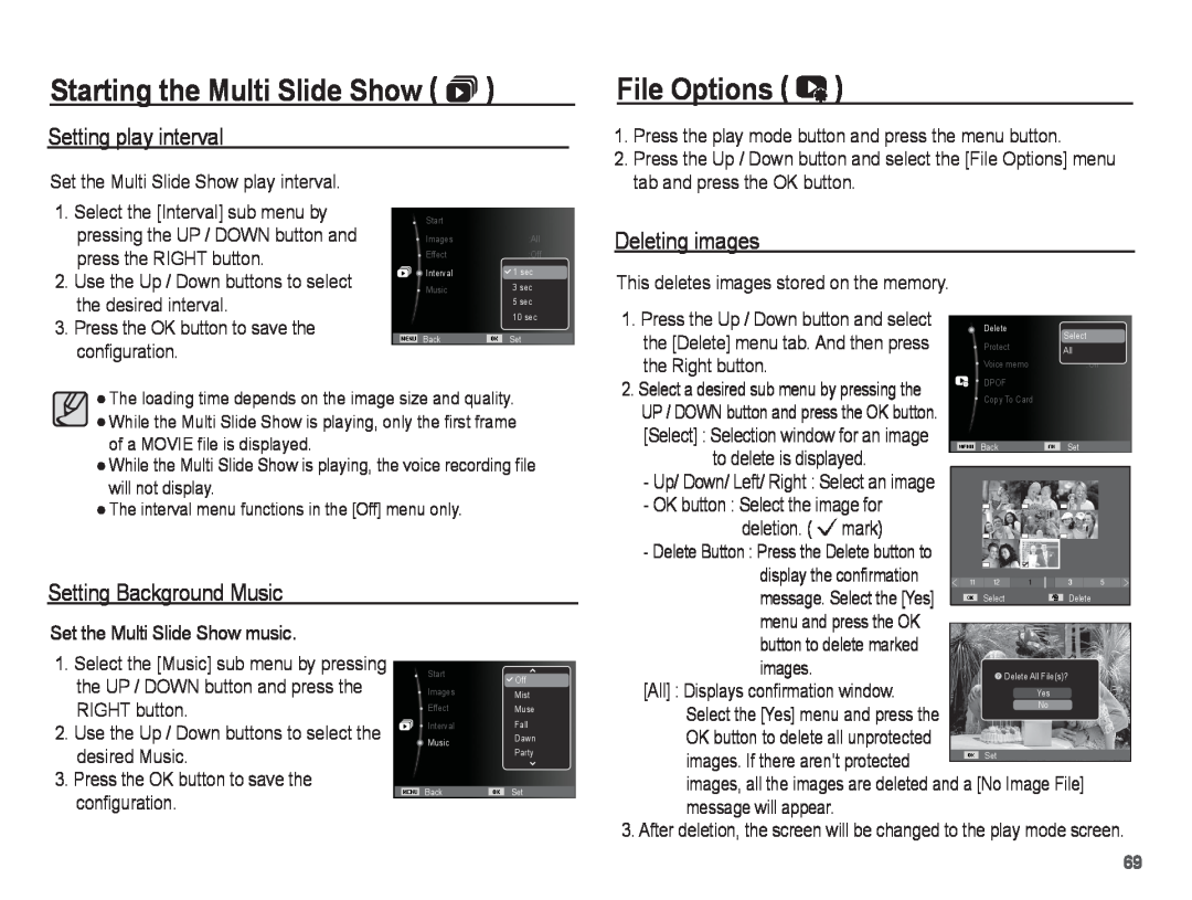 Samsung ST50 user manual File Options, Setting play interval, Deleting images, Setting Background Music 