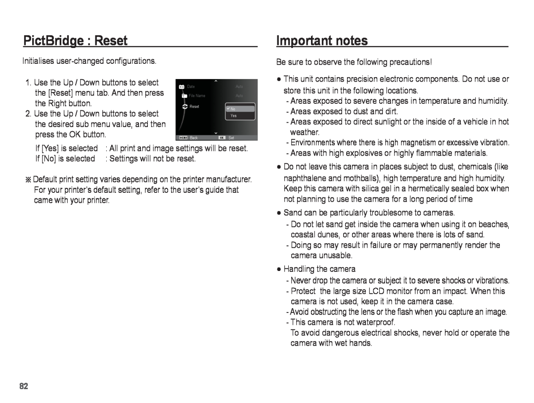 Samsung ST50 user manual PictBridge : Reset, Important notes 
