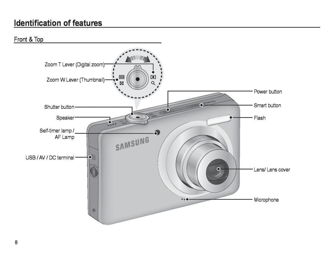Samsung ST50 user manual Identiﬁcation of features, Front & Top 