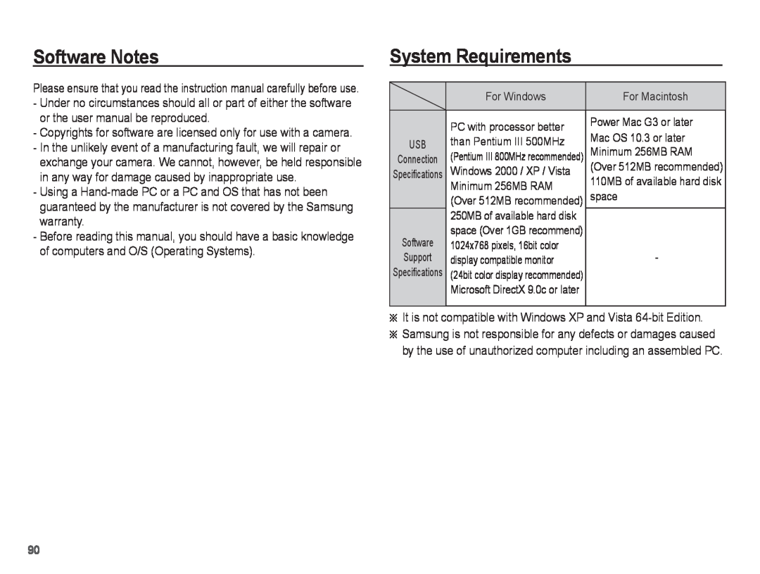 Samsung ST50 user manual Software Notes, System Requirements 