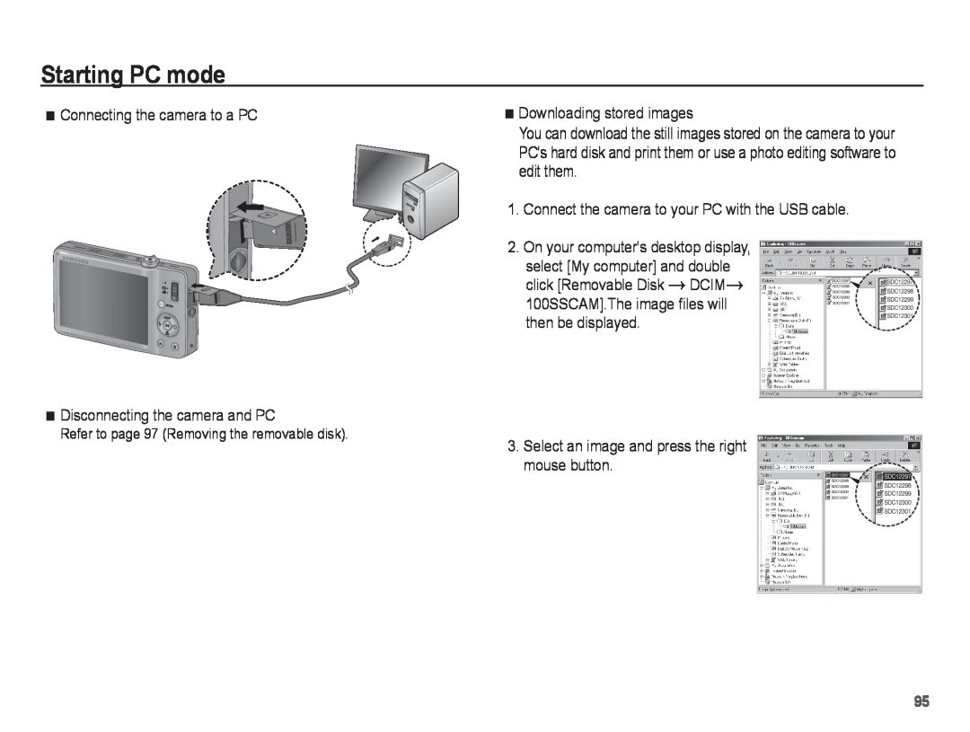 Samsung ST50 user manual Starting PC mode, Connecting the camera to a PC 