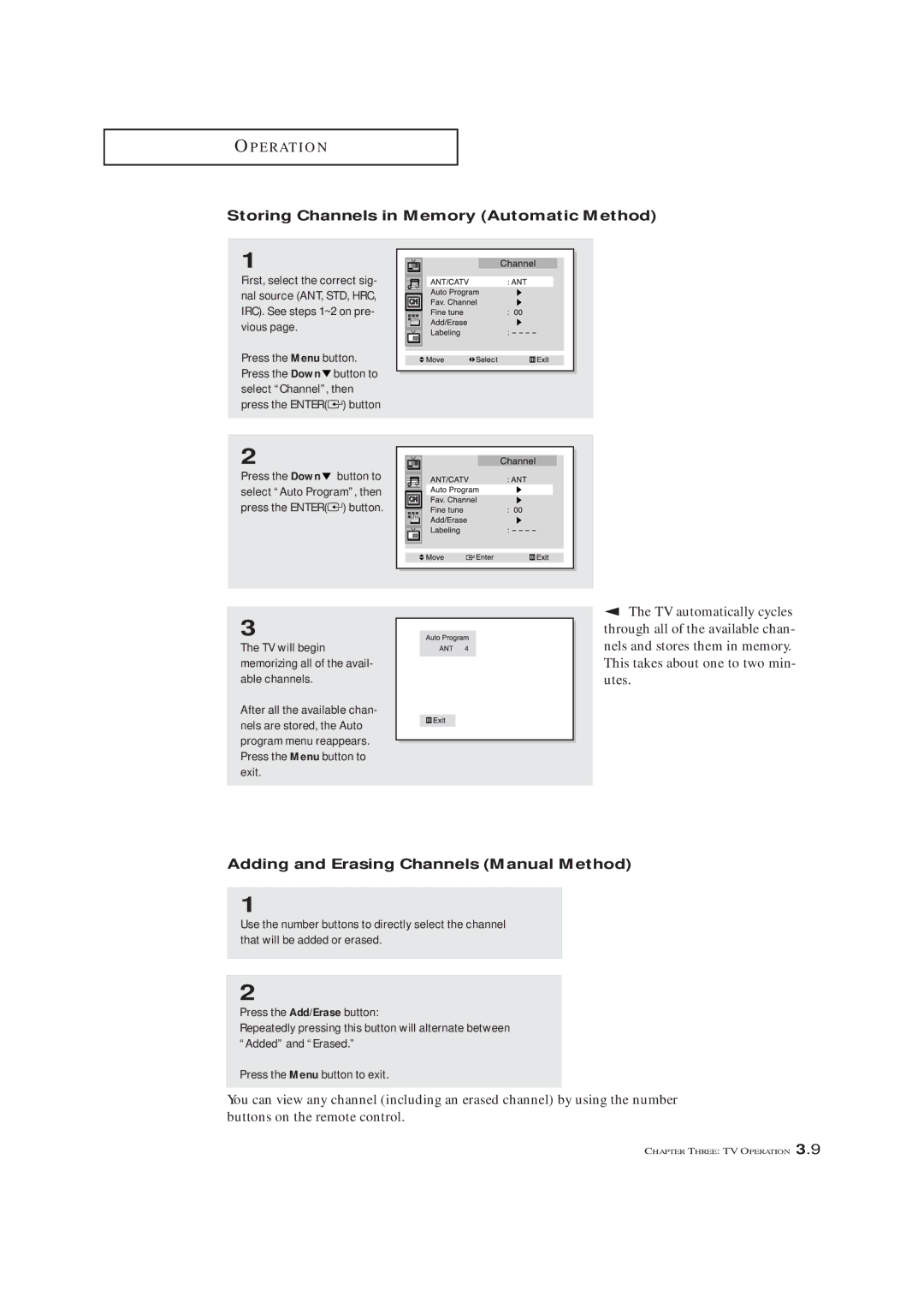 Samsung ST54T6 ST62T6 manual Storing Channels in Memory Automatic Method, Adding and Erasing Channels Manual Method 