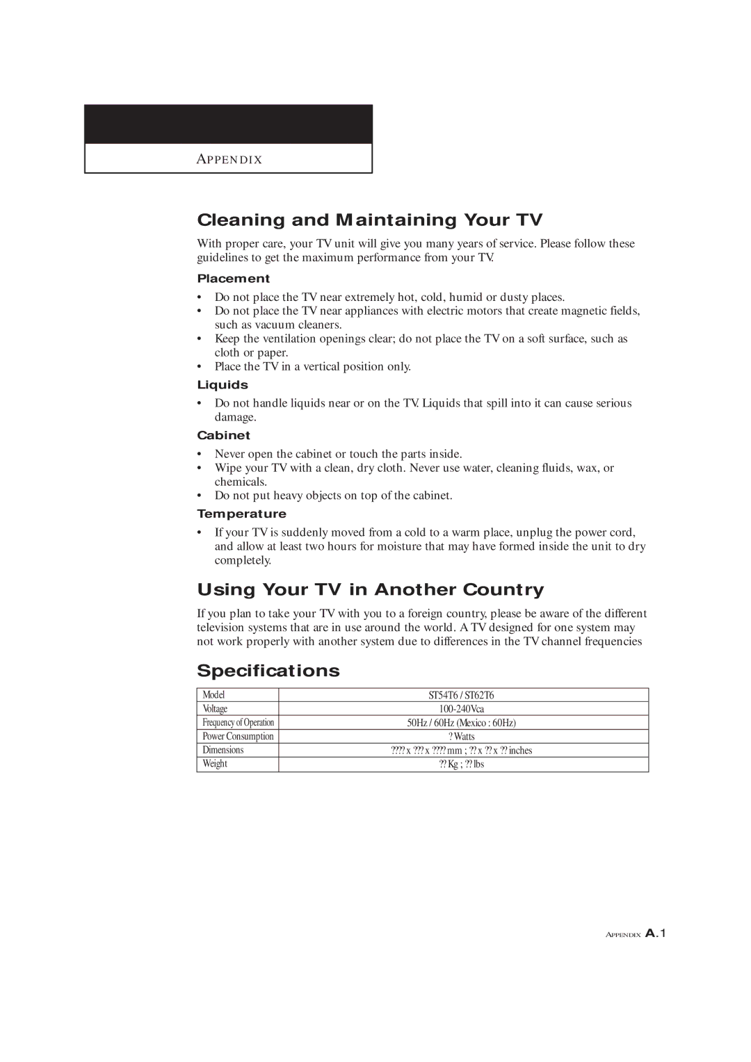 Samsung ST54T6 ST62T6 manual Cleaning and Maintaining Your TV, Using Your TV in Another Country, Specifications 