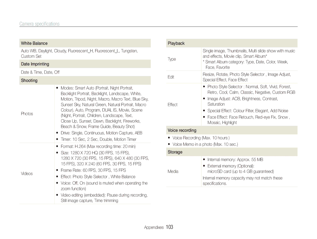 Samsung ST550 user manual Camera speciﬁcations 