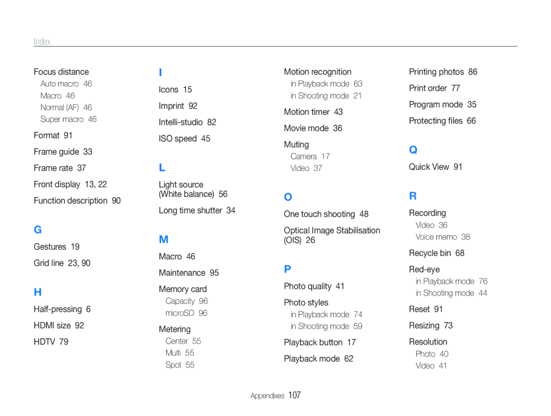 Samsung ST550 user manual Index 