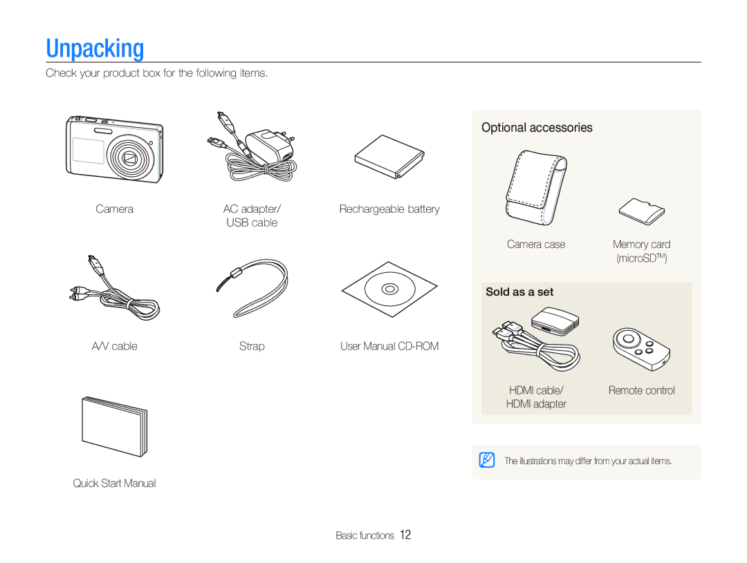 Samsung ST550 user manual Unpacking, Check your product box for the following items Camera, Sold as a set, Basic functions 