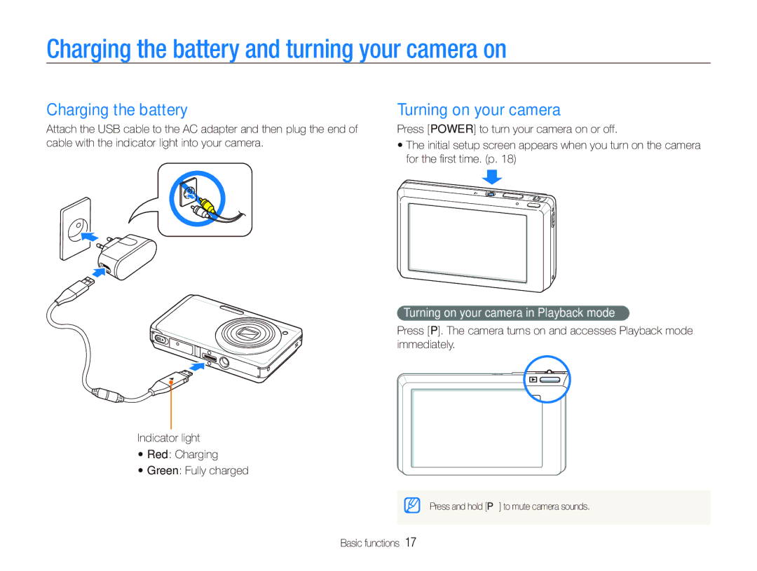 Samsung ST550 user manual Charging the battery and turning your camera on, Turning on your camera 