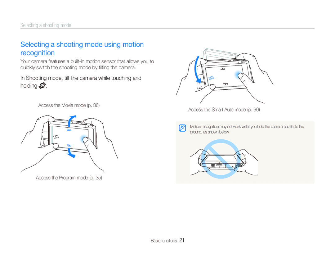 Samsung ST550 user manual Selecting a shooting mode using motion recognition 