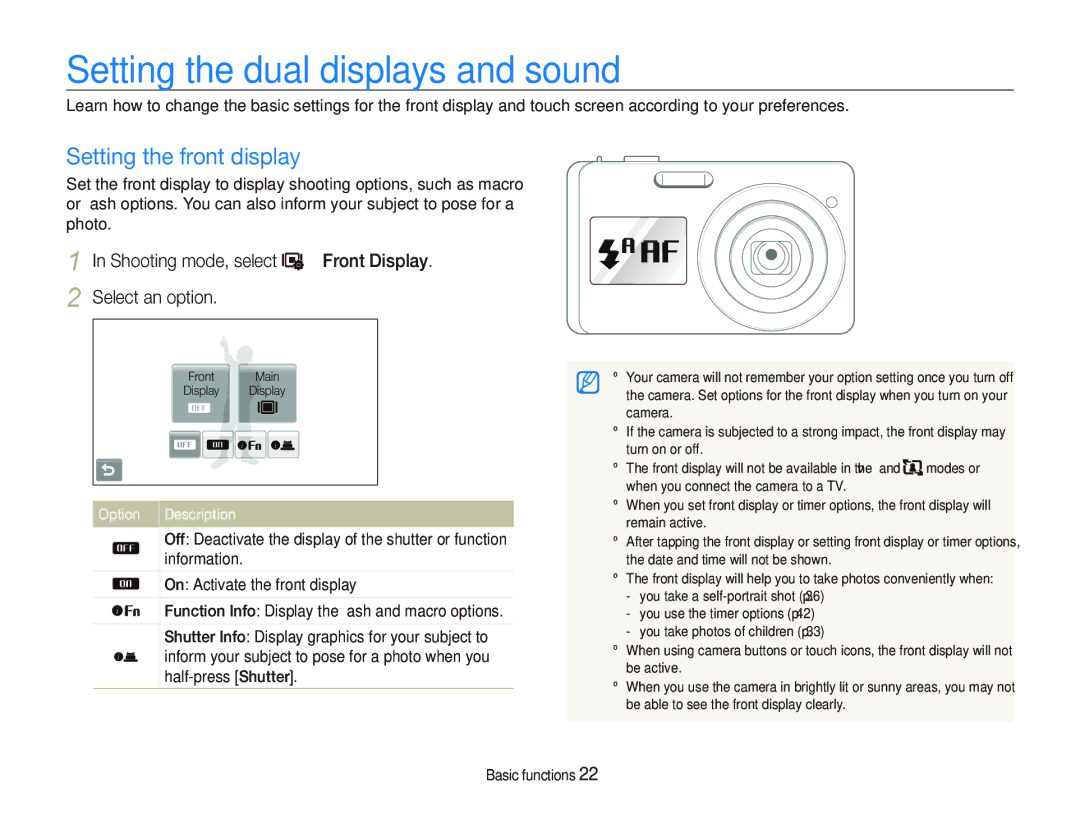 Samsung ST550 user manual Setting the dual displays and sound, Setting the front display, Option Description 