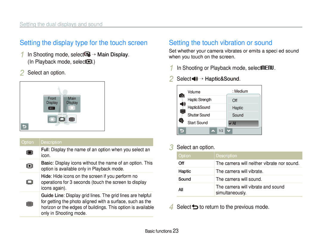 Samsung ST550 user manual Setting the display type for the touch screen, Setting the touch vibration or sound 