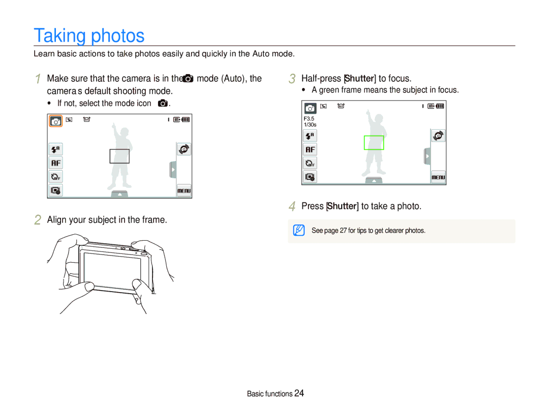 Samsung ST550 Taking photos, Align your subject in the frame Half-press Shutter to focus, Press Shutter to take a photo 