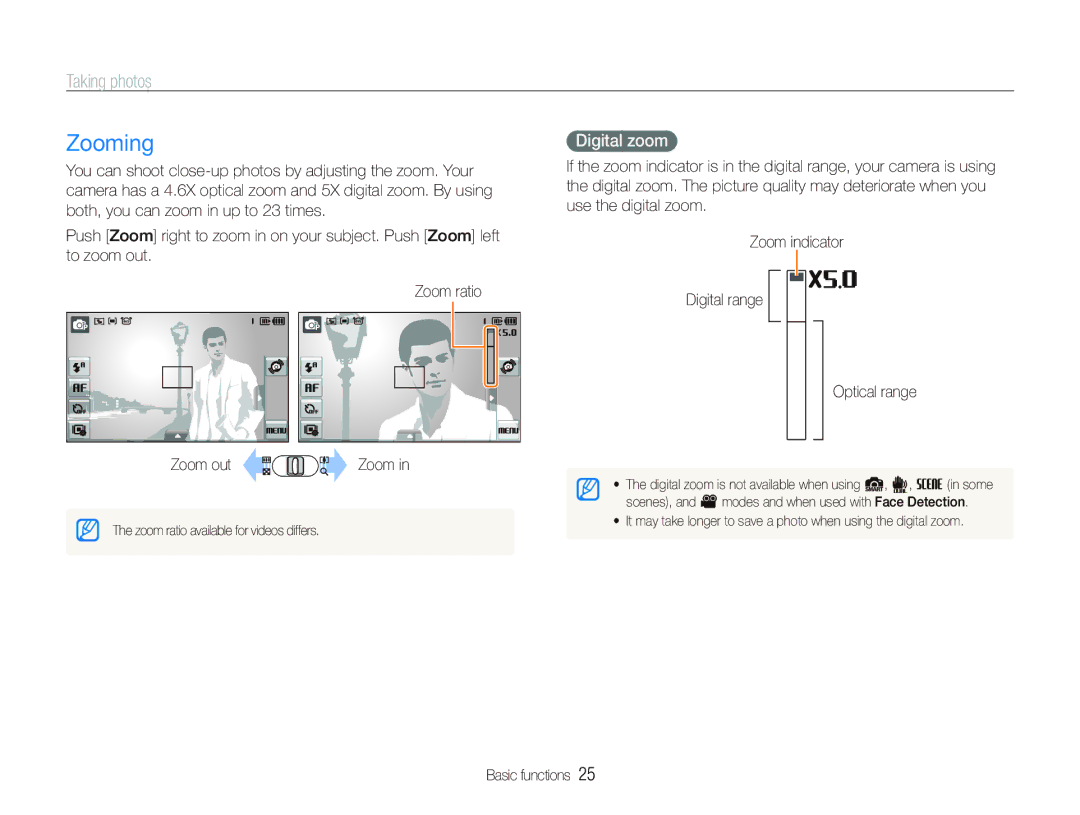 Samsung ST550 user manual Zooming, Taking photos, Digital zoom 