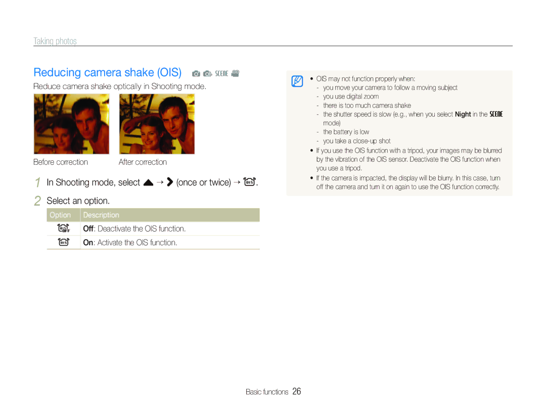 Samsung ST550 user manual Reducing camera shake OIS a p s, Shooting mode, select f “ once or twice “ Select an option 