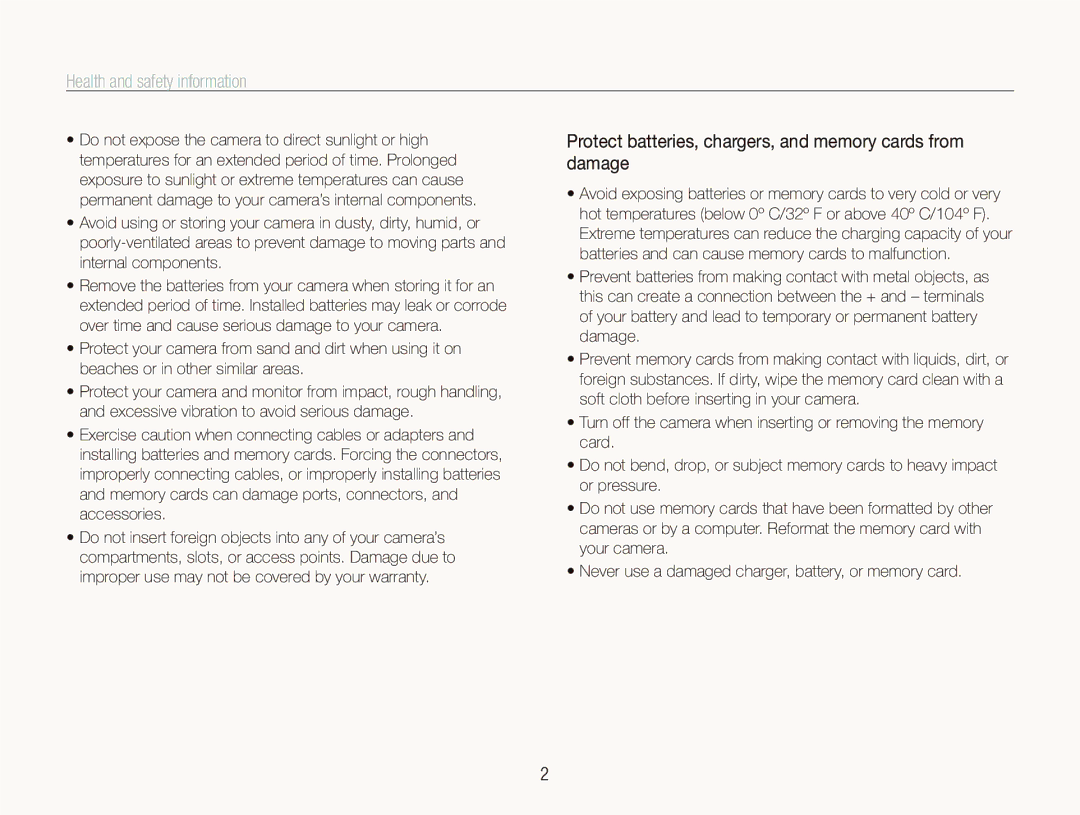 Samsung ST550 user manual Health and safety information, Protect batteries, chargers, and memory cards from damage 