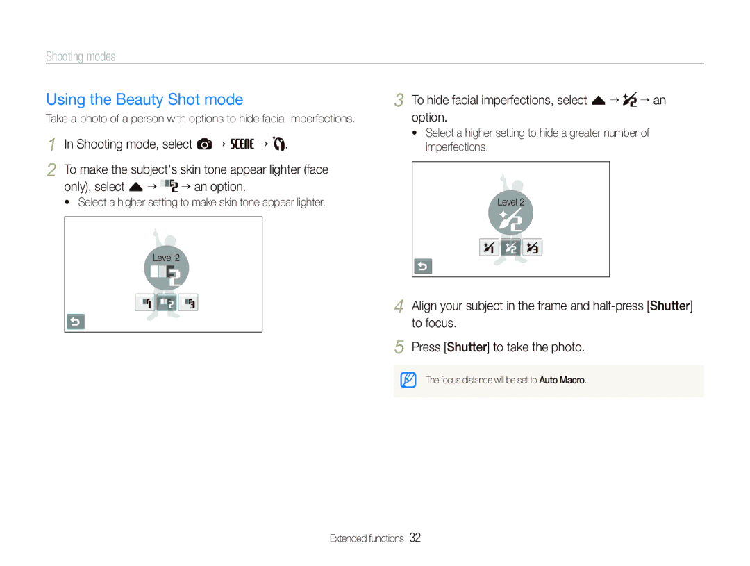 Samsung ST550 user manual Using the Beauty Shot mode, Shooting mode, select a “ s ““, ““an option 