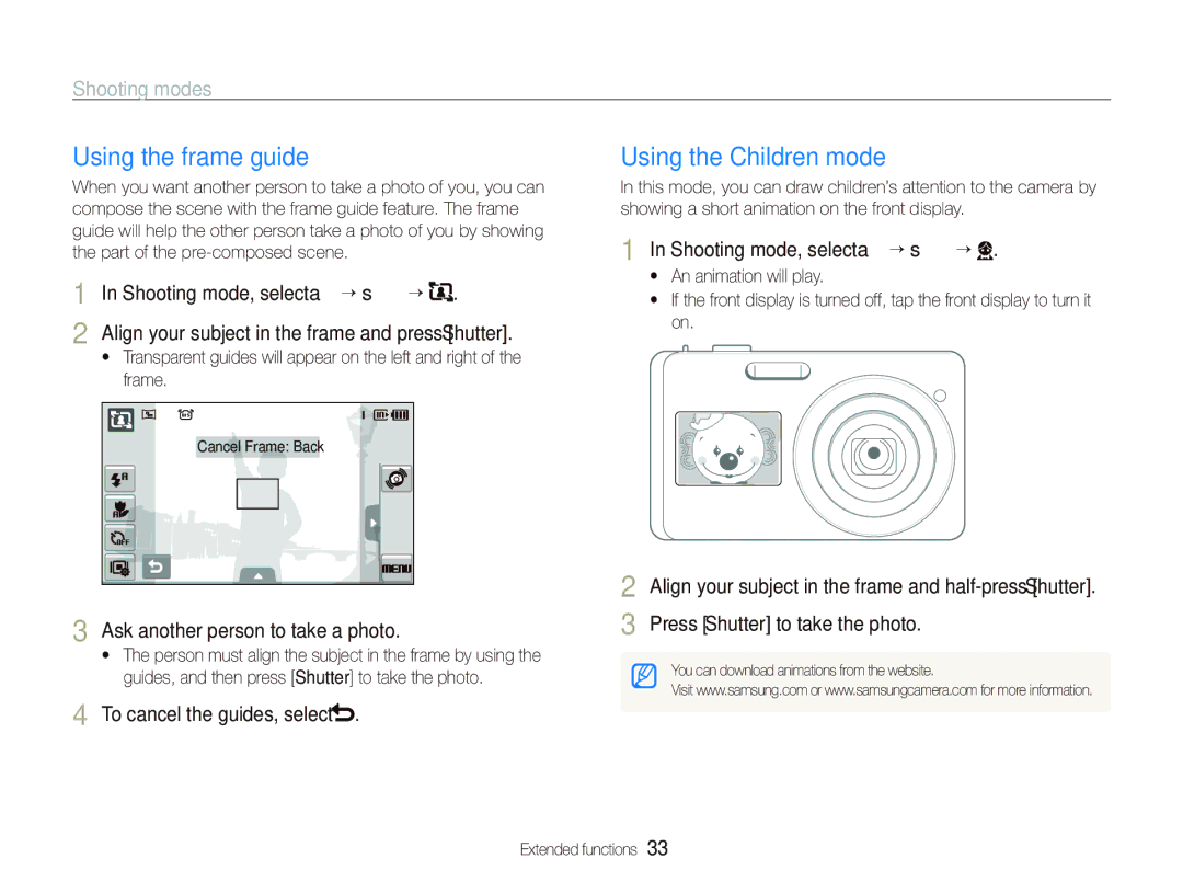 Samsung ST550 Using the frame guide, Using the Children mode, Shooting mode, select a “ s “, To cancel the guides, select 