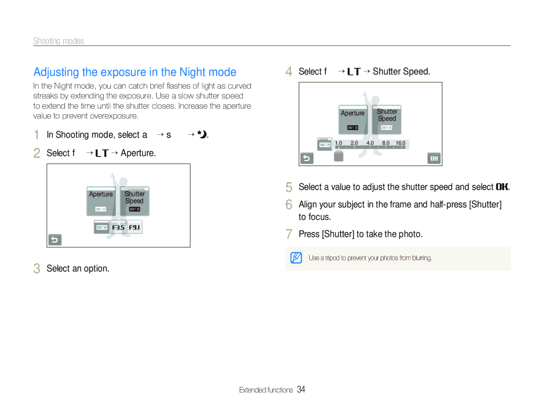 Samsung ST550 user manual Adjusting the exposure in the Night mode, Shooting mode, select a “ s “ Select f “ ““Aperture 