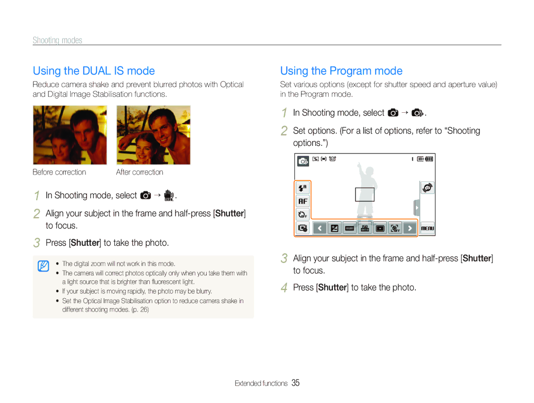 Samsung ST550 user manual Using the Dual is mode, Using the Program mode 