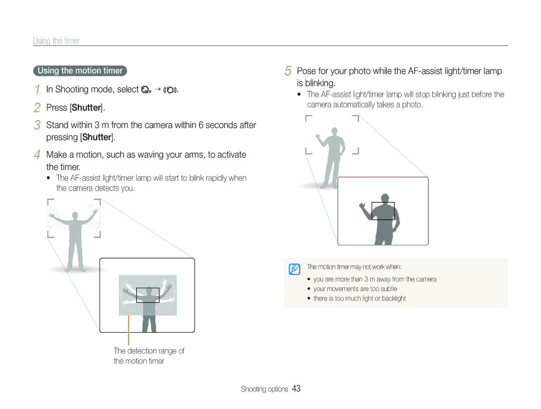 Samsung ST550 user manual Using the timer, Press Shutter, Using the motion timer 