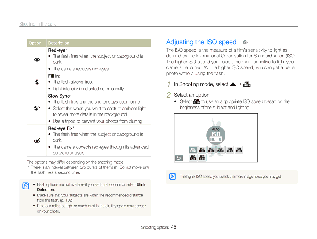 Samsung ST550 user manual Adjusting the ISO speed p, Shooting in the dark, Shooting mode, select f “ Select an option 