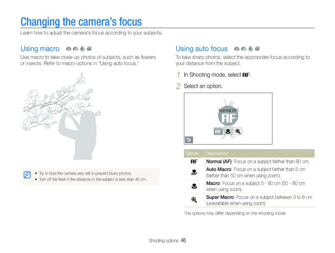 Samsung ST550 user manual Changing the camera’s focus, Using macro a p d, Using auto focus a p d, Shooting mode, select 